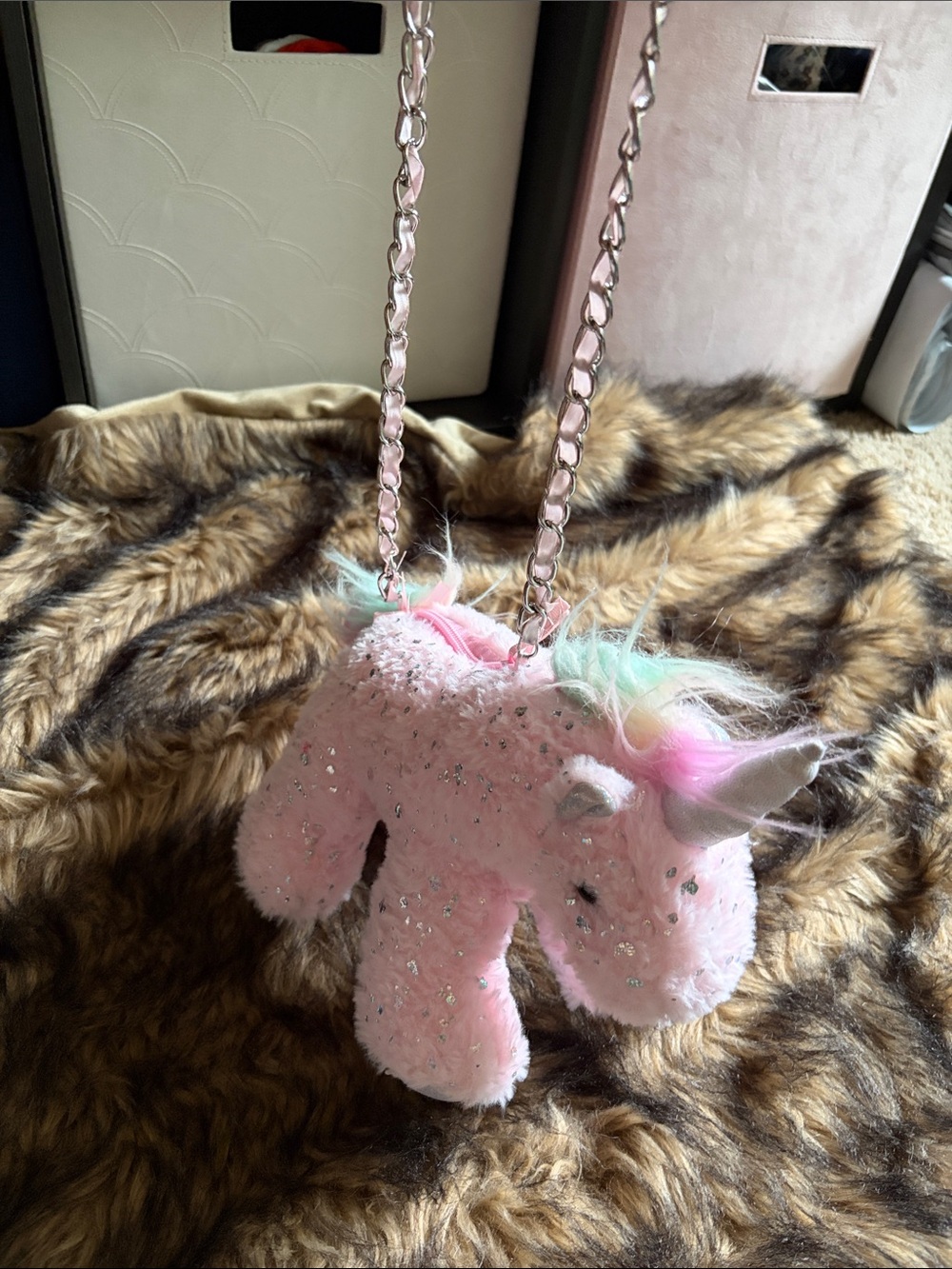 Olly & Me Pink Unicorn Plush Crossbody Purse Zip Chain Sparkles Rainbow